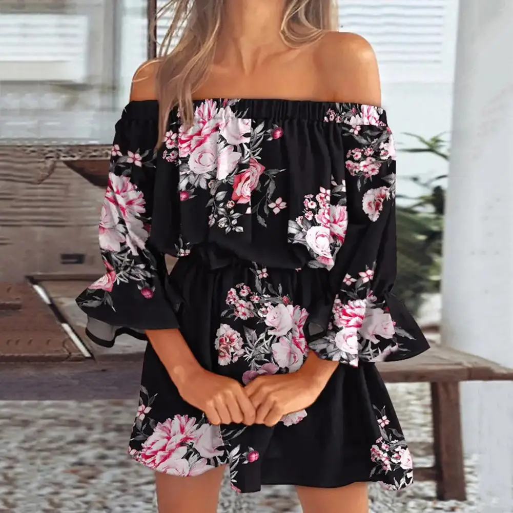 

Floral Print Off Shoulder Lady Summer Dress Half Sleeve Ruffle Cuffs Waist Tight Dress Elastic Collar Above Knee Short Dress