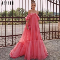 jeheth watermelon red chiffon prom party dresses 2022 strapless ruffle sleeves off shoulder boho tiered formal evening dresses