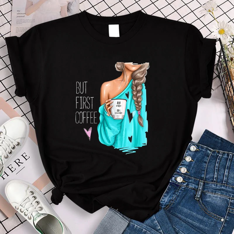 

Casual Women's T-shirt New But First Coffee Girl Black Tshirt Women's Top O-Neck Women's Harajuku Fashion Short Sleeve T-Shirts