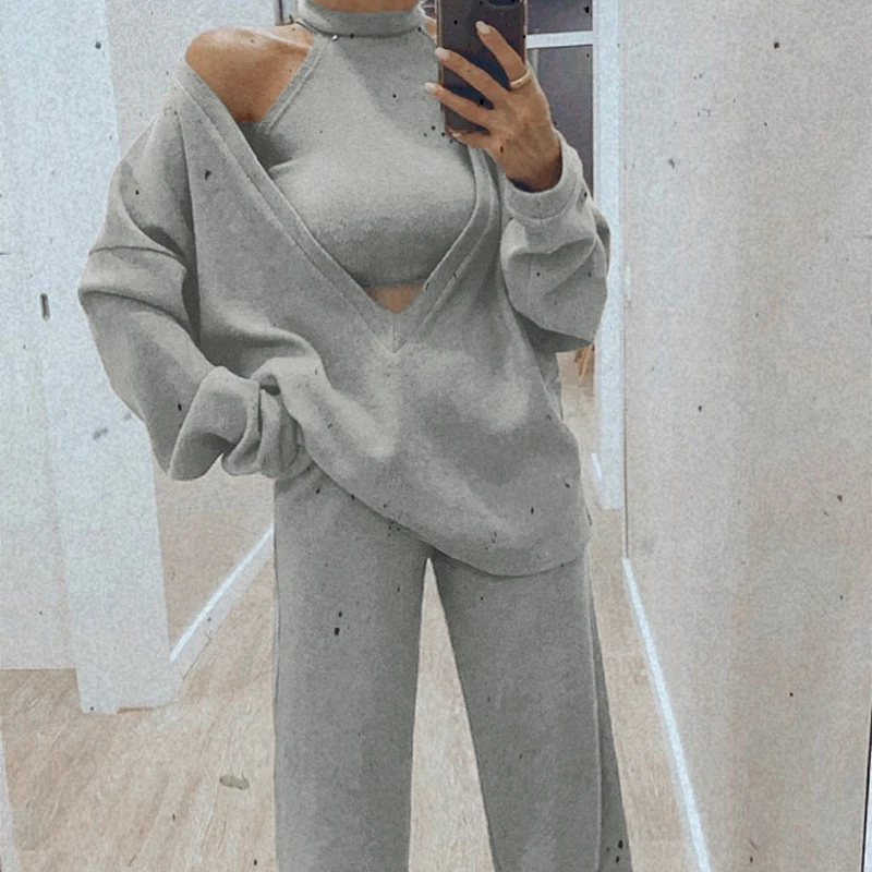 

Женский вязаный комплект из 2 предметов, длинный пуловер с V-образным вырезом и длинным рукавом, укороченный топ, Повседневная Уличная одежд...