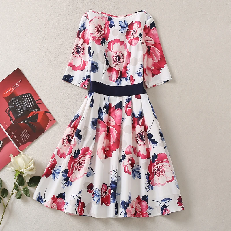 

Red RoosaRosee Elegant Floral Print Slash Collar Half Sleeve White Party Dress 2022 Autumn Wemen Designer Vestidos Robe Femme