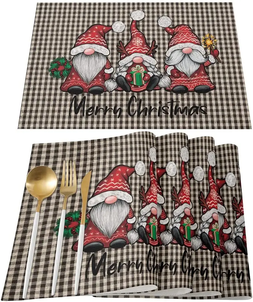 

Set of 4 Placemats Christmas Gnomes Black and White Lattice Non Slip Heat Resistant Washable Table Place Mats 12x18 Inches