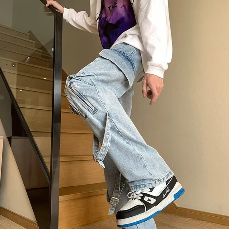 Men's Wear Vintage Hip Hop Loose Bandage Zipper Cargo Pants Versatile Temperament Straight Cylinder Jeans 2022 Winter New Female