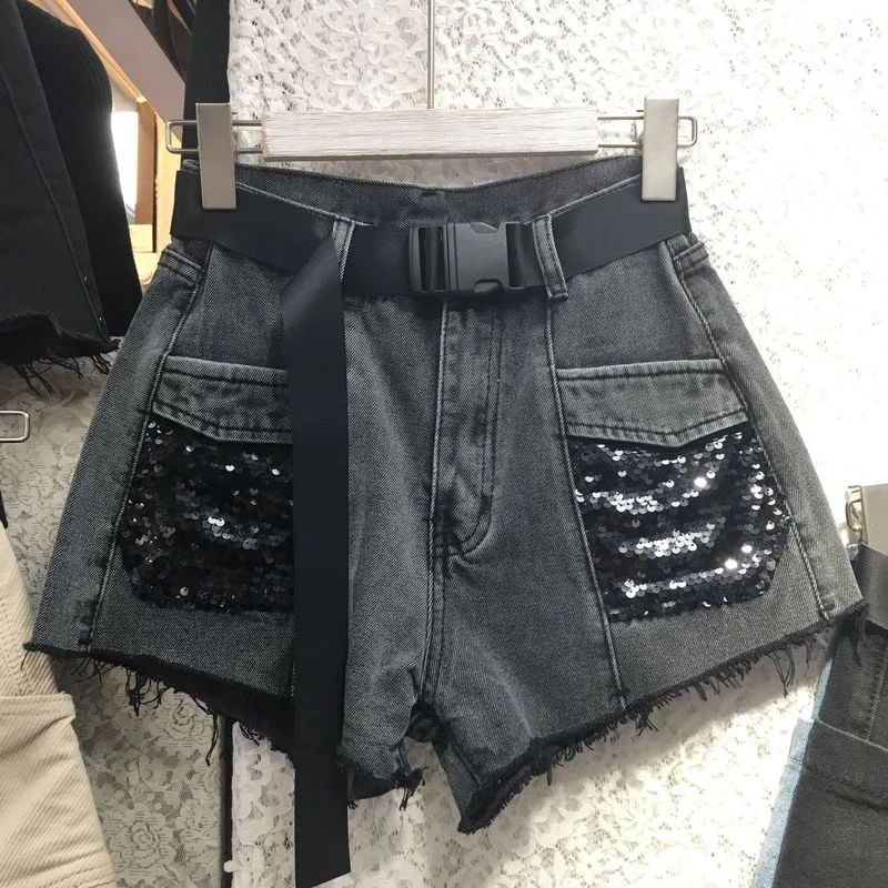 Sexy Women High Waist Sequins Denim Shorts Straight Jeans Women Zipper Pockets Short Fashion Harajuku Streetwear Shorts Female