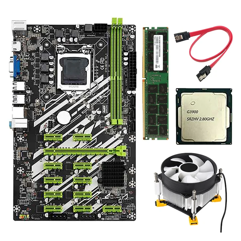 

B250 BTC Mining Motherboard with G3900/G3930 CPU+8G RAM+CPU Fan+SATA Cable 12 PCI-E Slots LGA1151 DDR4 RAM SATA3 USB3.0
