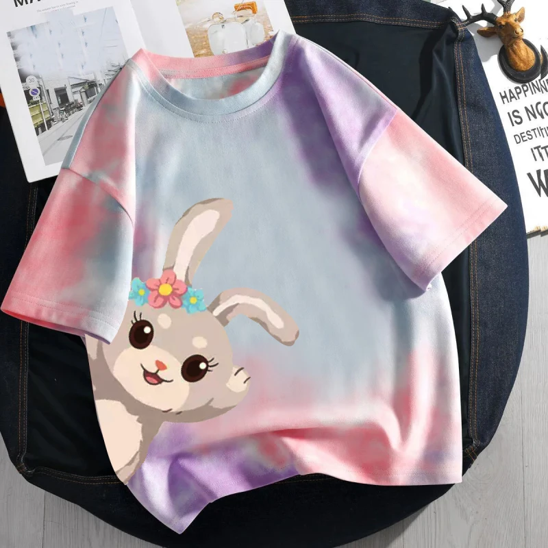 

Disney Kids Tops Cute Girl Tee Cotton Lucky Rabbiit Cartoon Summer Children T-Shirt Girl T Shirt Novelty Design Pink