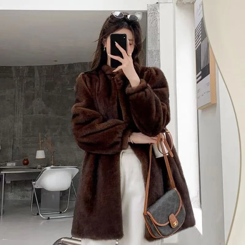 Плюшевая шуба из меха норки для женщин Роскошная мягкая утолщенная средней длины