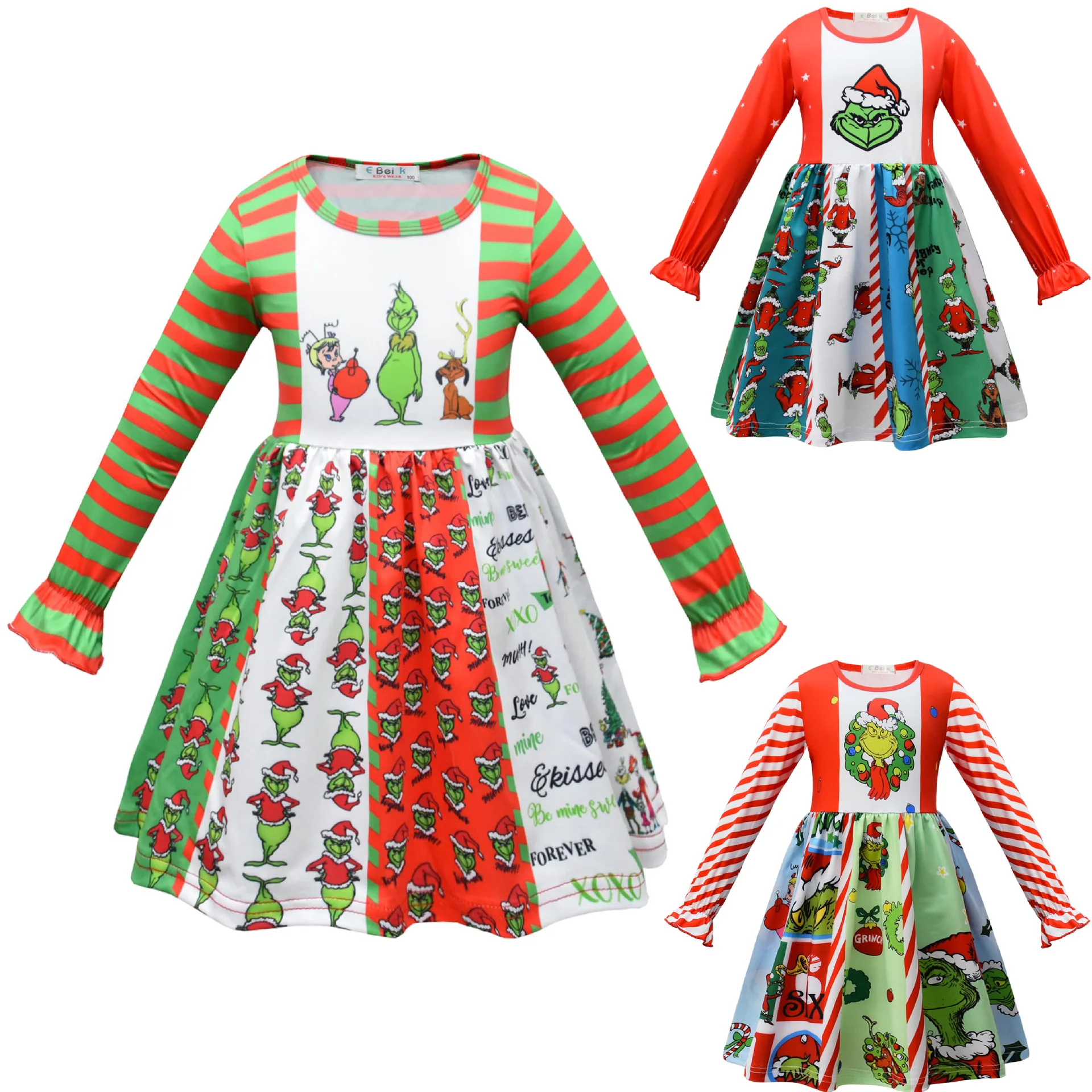 

Girls Autumn Winter Long Sleeve Grinch Cartoon Pattern Christmas Dress Kids Twirl Dress New years Party Clothing