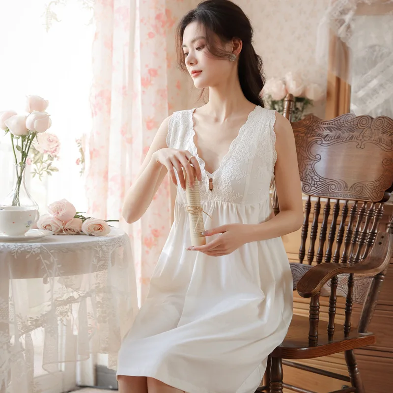 Sexy Embroidery Lace Cotton Night Dress Women Summer White Sleeveless Nighty Fairy Lingerie Princess Sleepwear Vintage Nightgown