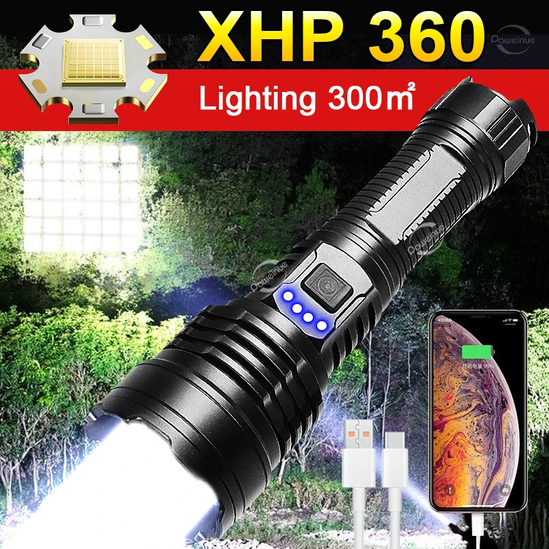 

Super XHP360 Самый мощный фонарик Аккумуляторный фонарик XHP90.2 Мощный светодиодный фонарик Type-C Тактический фонарь для кемпинга