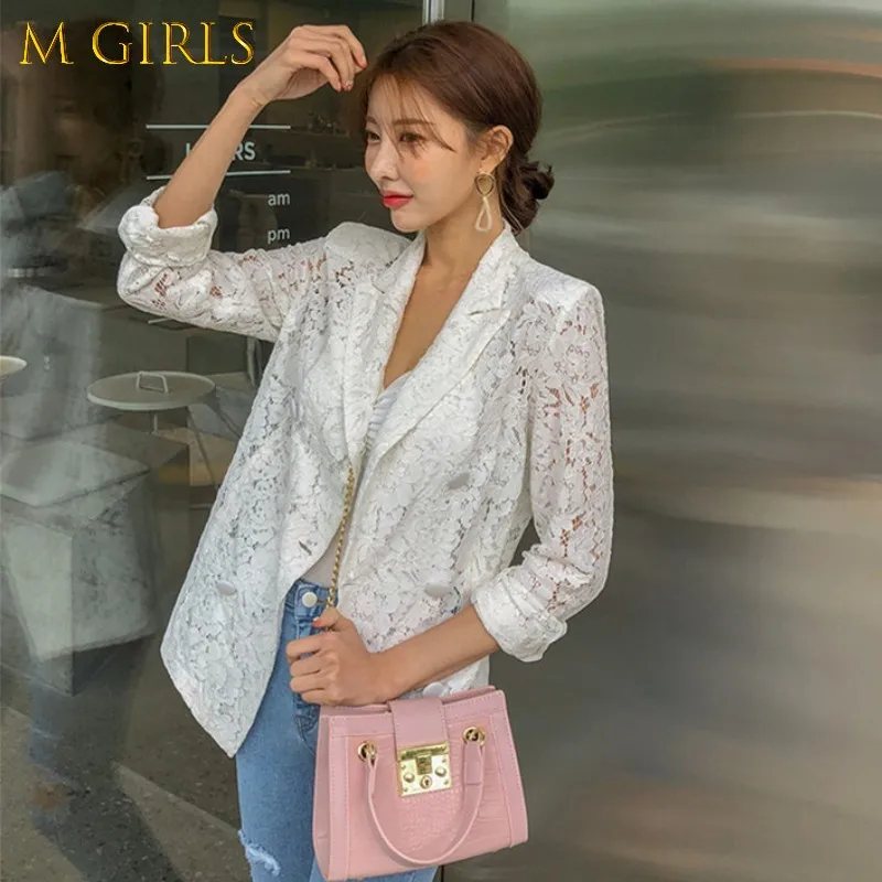 

M GIRLS 2020 Summer New Korean Lace Blazer Women's Commuting Double-breasted Sexy Lace Coat Notched collar Casual OL Outwear