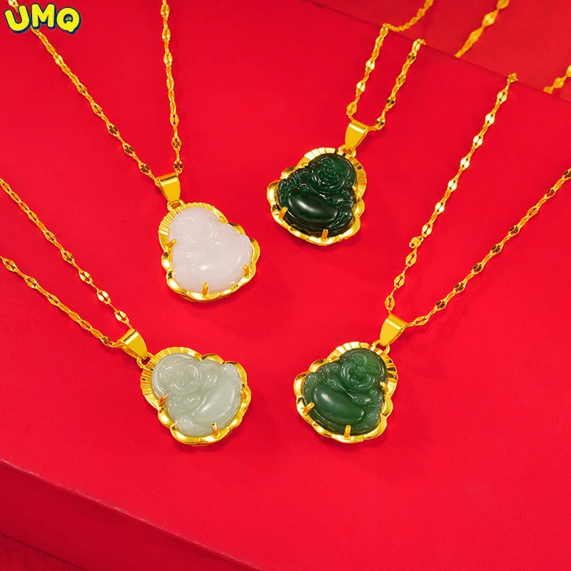

Titanium Steel Necklace Vietnam Gold Baby Buddha Shapeless Pendant Maitreya Buddha Gold Inlaid Jade Female Jewelry Gold Plated