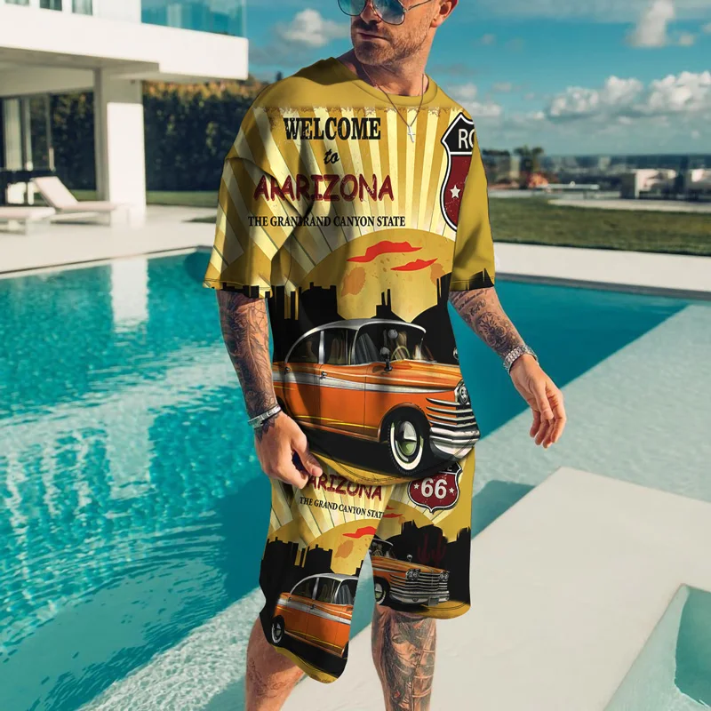 2023 Spring/Summer New Rest Sports Casual Men's Clothing 3D Print European Retro Route 66 Round Neck Short Sleeve Shorts Set