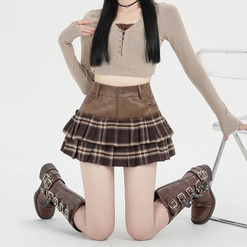 Женская мини-юбка в стиле пэчворк осенняя плиссированная кожаная короткая юбка с