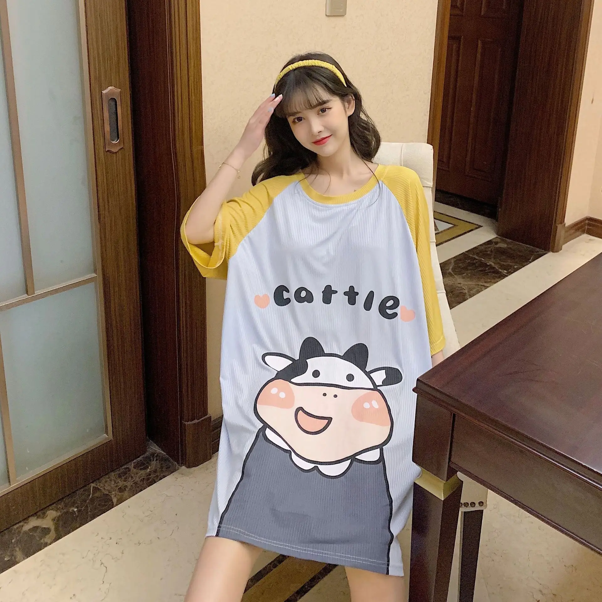 

Women Summer New Cartoon Daily Nightgowns Loungewear Soft Comfortable Short Sleeve Dress Lady Loose Casual Nightdress Negligee