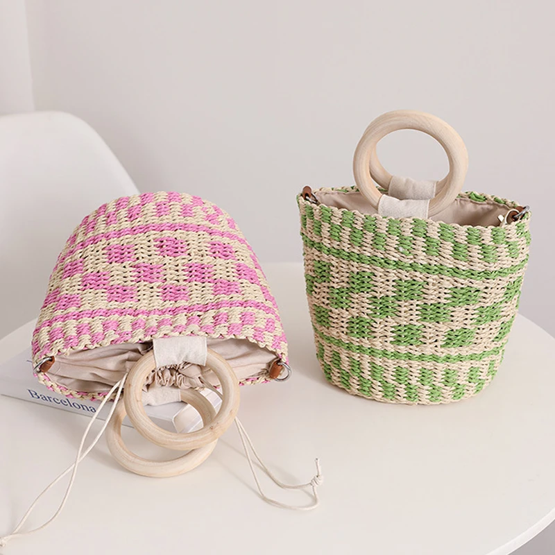 Summer Beach Bag Handmade Straw Rattan Woven Color Bump Tote Bags Wrapped Women Round Wood Top-handle Handbag Rattan Basketbag