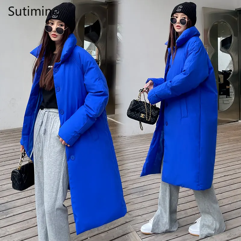 Knee Length Coat Women's Lapel Thickened Warm White Cotton Coat Office Lady Winter Coat for Women Wide-waisted Coat Women