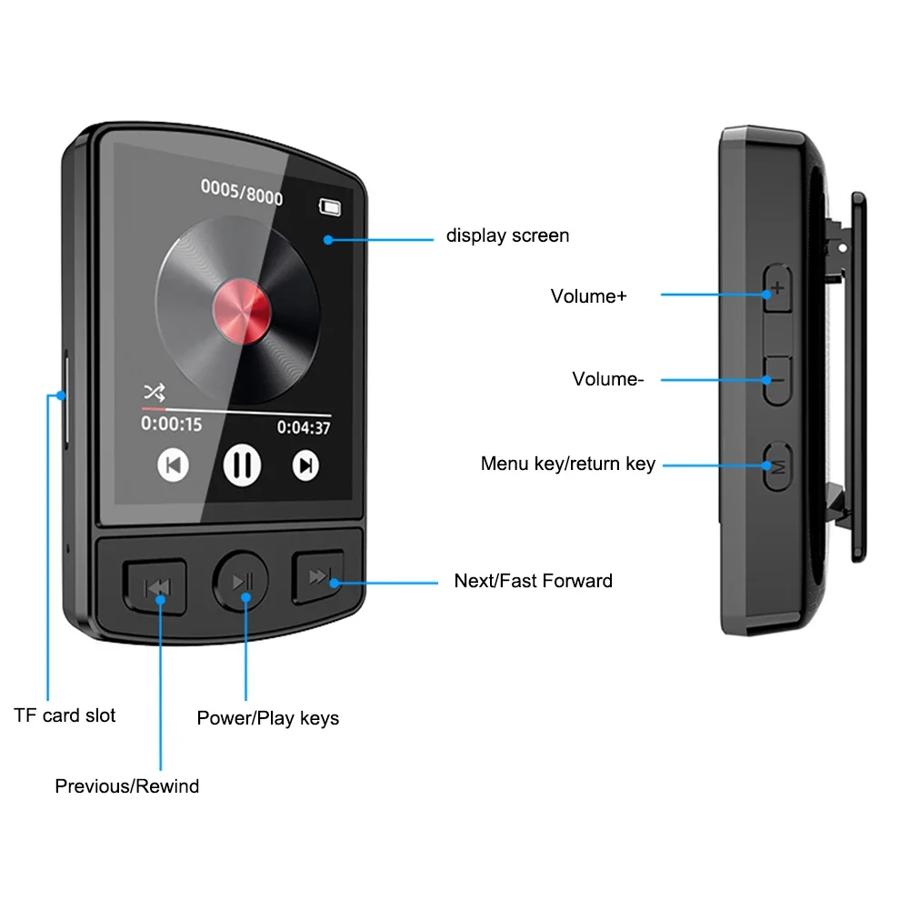 Mini Walkman HiFi Bluetooth 5.2 MP4-плеер 1 8-дюймовый MP3-плеер Портативный спортивный зажим