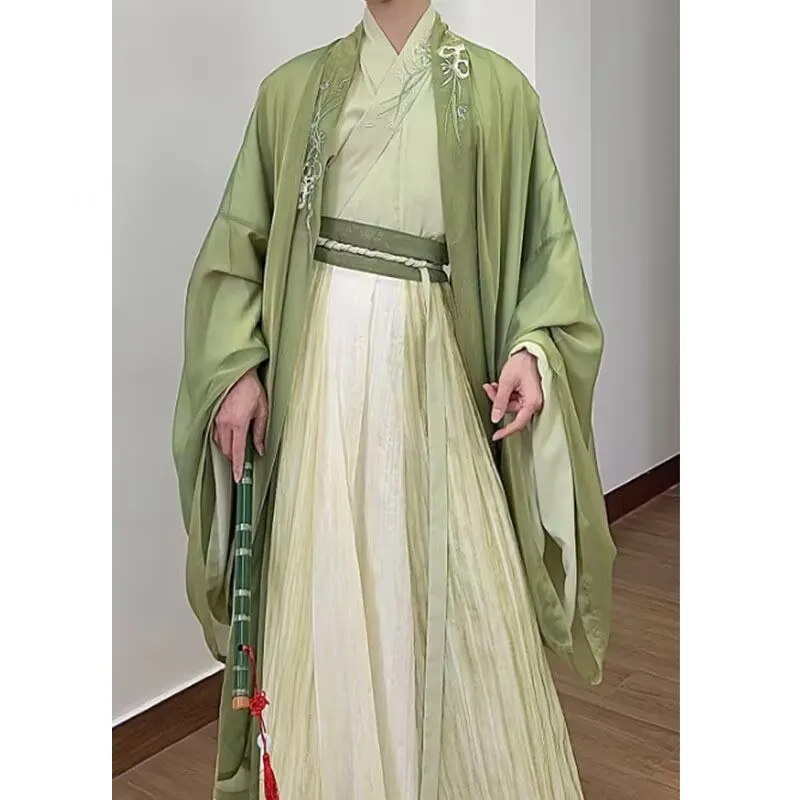 Фото Hanfu мужской китайский традиционный винтажный зеленый вышитый Hanfu 3 шт. Хэллоуин косплей костюм мужской студенческий вечерние наряд Hanfu №1