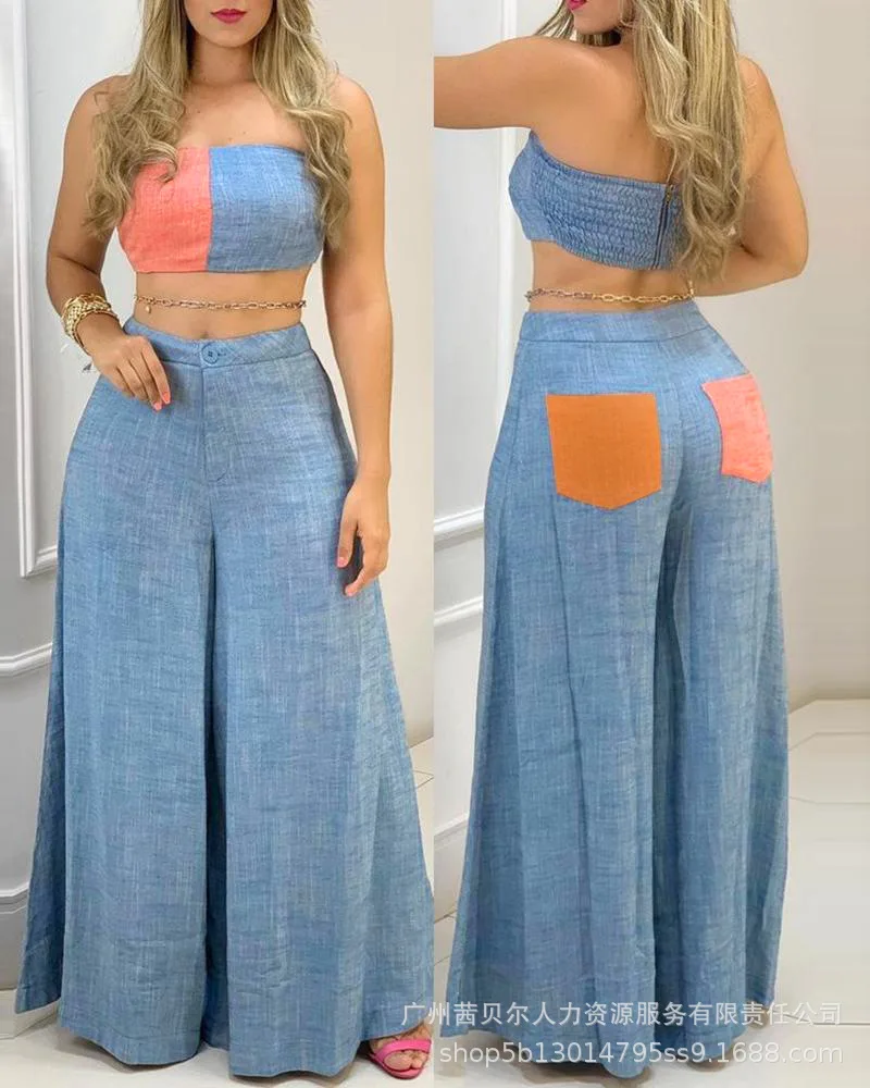 

Colorblock Bandeau Shirring Top & Wide Leg Pants Set Women 2pcs Clothe Suit Spring Summer Strapless Tops Loose Pants