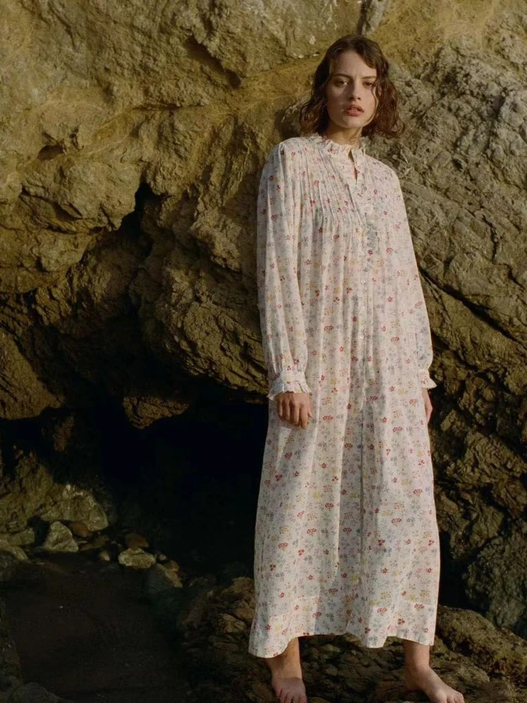 

Женское длинное платье с цветочным принтом, свободное платье с длинным рукавом и воротником-стойкой, новинка весны-лета 2023