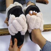 2021 winter women furry slippers soft plush cross faux fur shoes indoor open toe fluffy house slides ladies platform sandalias