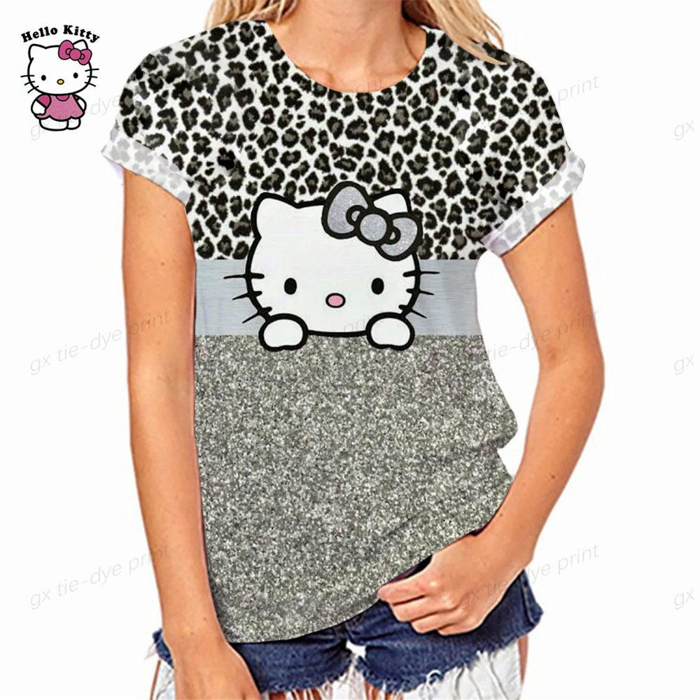 Hello Kitty Leopard Print Fashion Short Sleeve Women's Summer New Loose Fit Women's Sports T-shirt Top Hot Selling Style