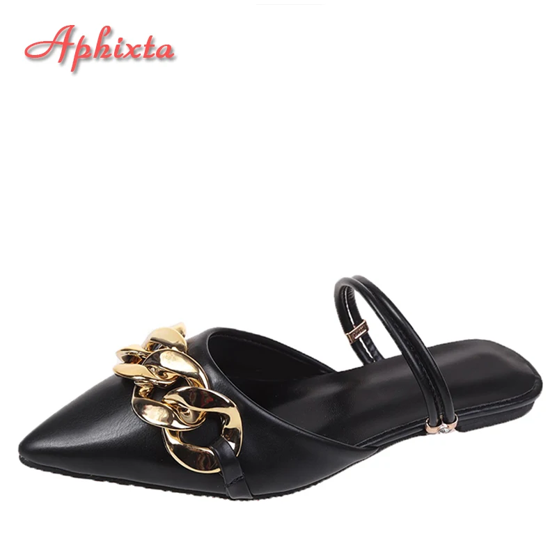 

Aphixta Summer Pointed Toe Women Slippers Fashion Mules Gold Chain Flat Heel Sandals Autumn Appliques Pointed Toe Slides