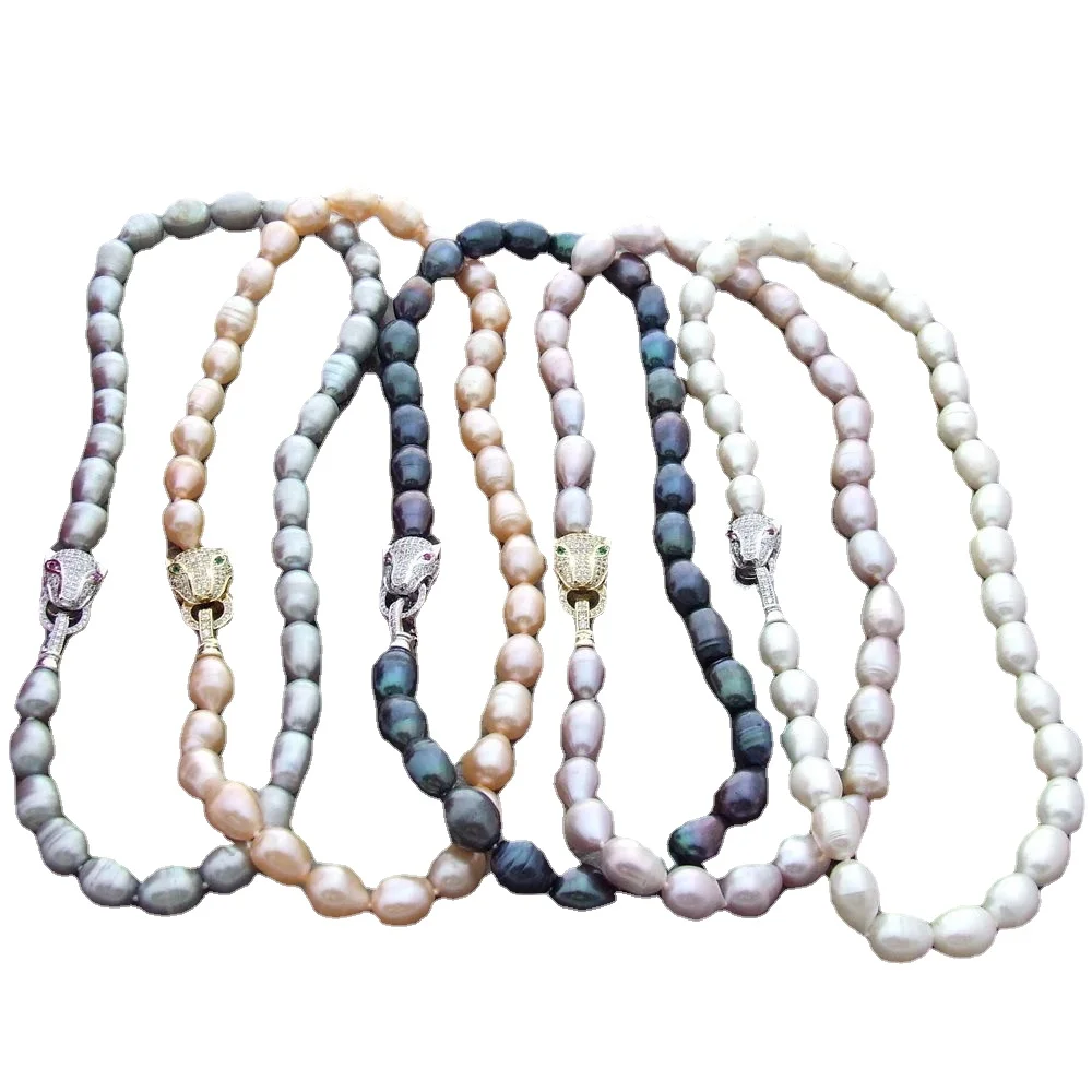 Ожерелье из белых, черных, серых, розовых и фиолетовых рисовых пресноводных жемчужин с замком-пантерой и инкрустированным леопардом для женщин.