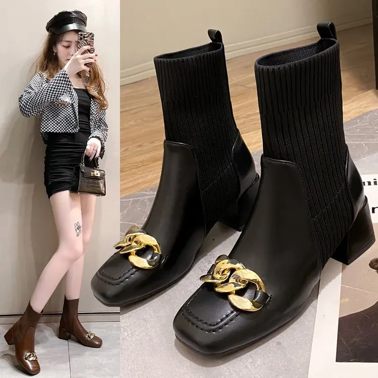 2022 Autumn New Fashion Boots Women's Shoe Sleeve Winter Cloth Fashion Boots Coarse Heel PU Mid Heel