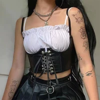 women fashion sexy pu leather corset goth punk lace up bandage black bustier streetwear underbust support braces shaper top