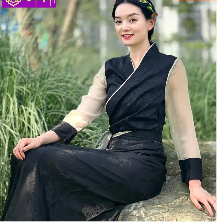 Высококачественное черное тибетское платье этнический Тибетский халат одежда