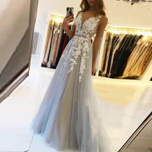 BEPEITHY V Neck Long Prom Dresses 2022 For Women Sexy Gray Summer Backless White Lace Dubai Evening Party Gown New