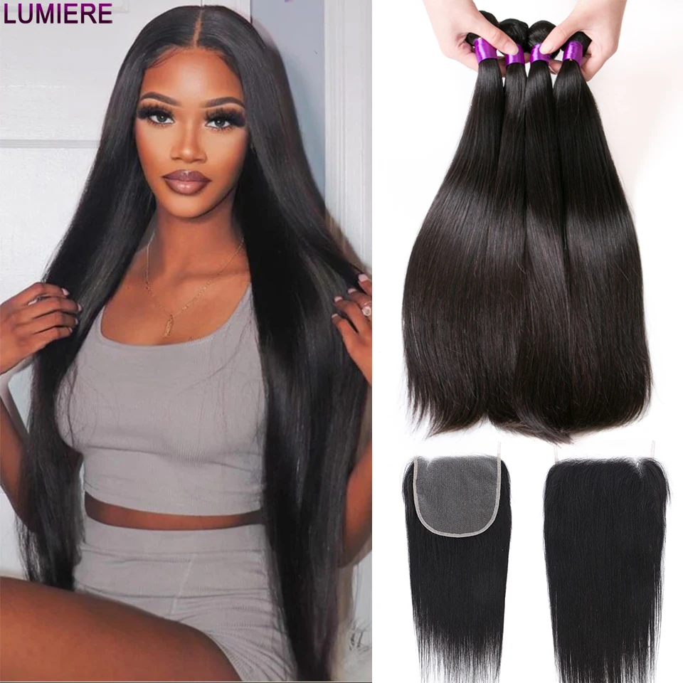 

Lumiere 30"-40" 3/4 Bone Straight 100% Remy Human Hair Bundles With 5X5 6X6 Transparent Pre Plucked Lace Closure For Black Women