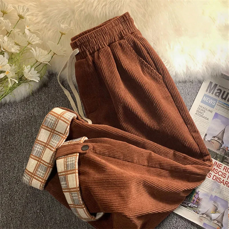 

Women Casual Plaid Hemming Corduroy Pants 4Xl Oversize Harajuku Retro High Waist Straight Trousers Lady Drawstring Korean Pants