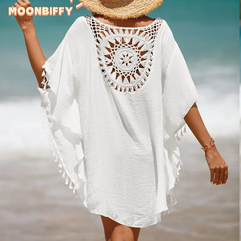 

2023 New Beach Cover Up for Women Knitted Sunflower Beach Wear Solid Fringe Tunic Ladies White Bathing Suit Cover-ups Bikini Ups