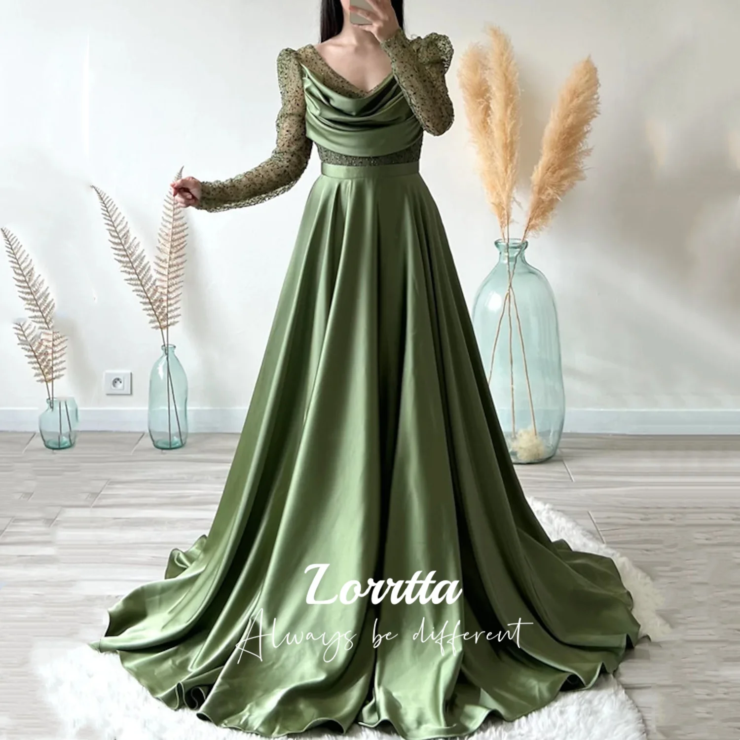 

LorrttaGreen Elegant Prom Dress Long Sleeve Satin Floor Length Party Gown Robe Evening Gown Beaded Evening Gown Transparent Look