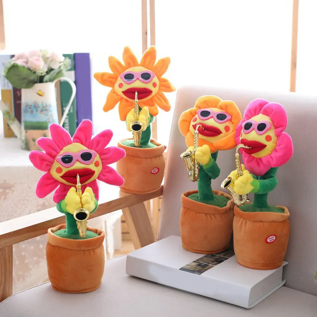 

2022Hot Sale Electric Sunflower Stuffed Plush Doll 80 Songs USB Saxophone Dancing Singing Sunflower Toys Funny Children Toy Gift