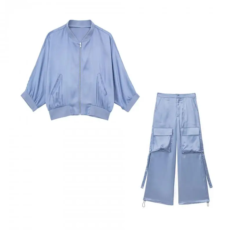 

Y2K Women Satin 2 Pant Shirt Sets 2023 Summer Female Zipper Long Sleeve Jacket Top Pockets Cargo Pants Basic Causal Outfits