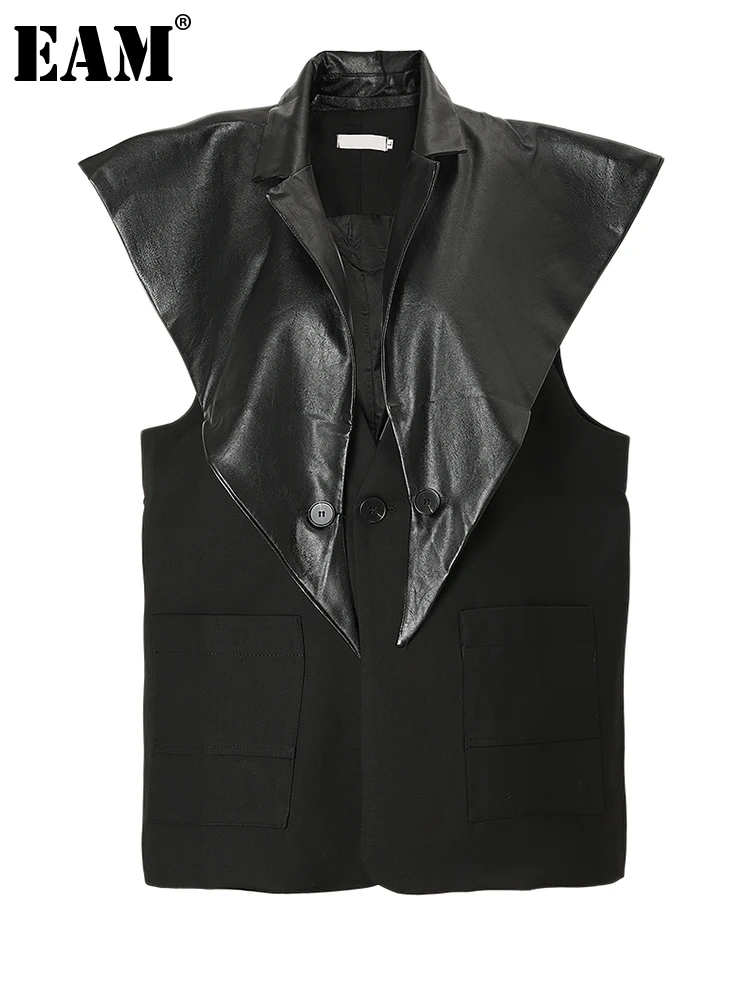 

[EAM] Women Loose Fit Black Color-block Pocket Pu Leather Big Size Vest New Lapel Sleeveless Fashion Tide Spring Autumn 2023
