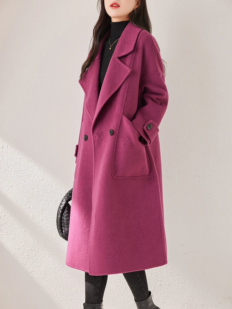 Qishiya Rose Red Double-sided Wool coat Women 2024 New Simple Loose Slimming Wool Woolen Outerwear