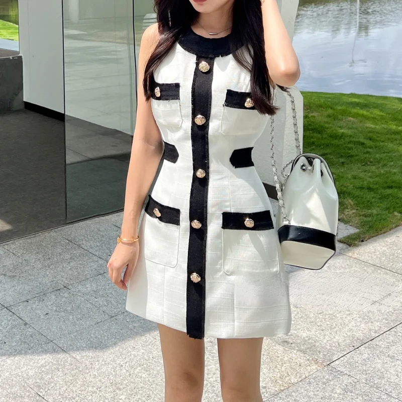 

Thin Tweed Hang Neck Dress Black White Contrast Color Women Summer Small Fragrant Elegant Party Sleeveless Mini Femal Dress 1302