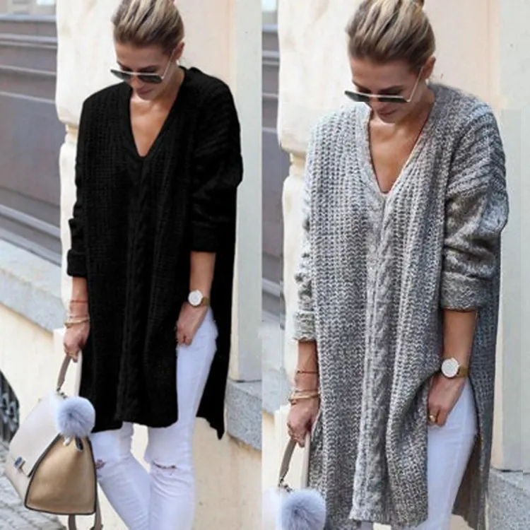 

Осенне-зимний Однотонный пуловер с V-образным вырезом, жареный вязаный свитер, новинка, Женский вязаный свитер средней длины