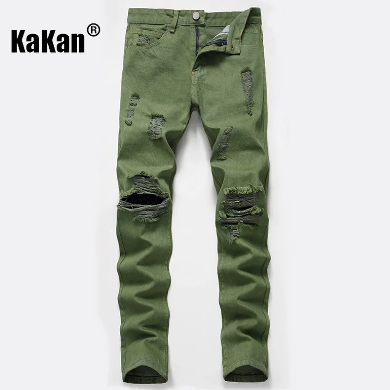 Kakan - European and American New Stretch Perforated Jeans for Men, High Street Washed Old Army Green Long Jeans K36-336