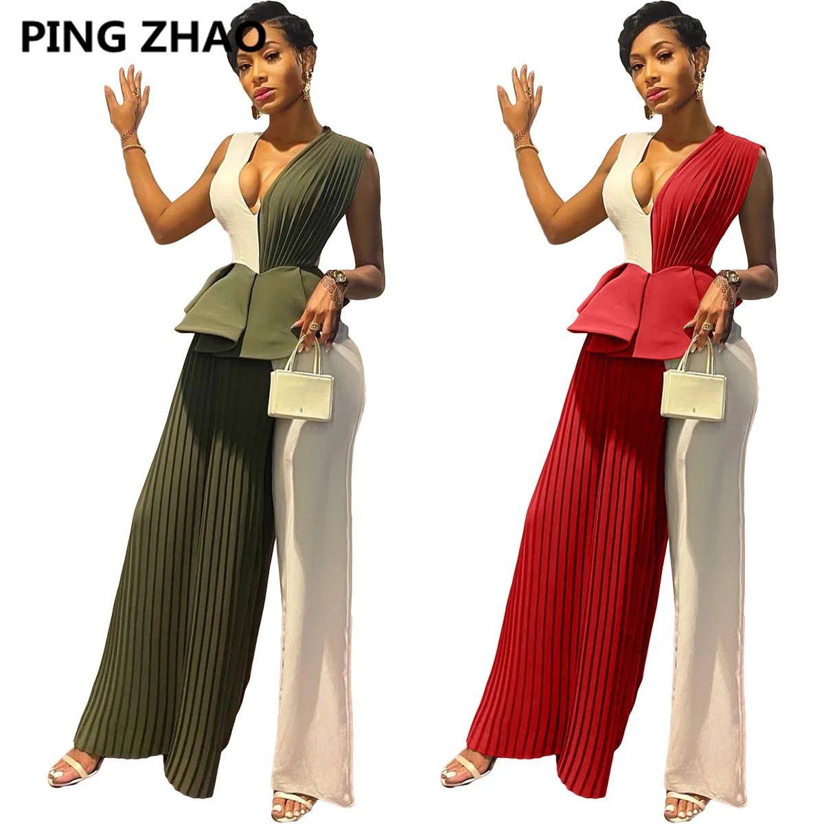 

PING ZHAO Women Patchwork Pleated Sleevel V-neck Wide Leg Staight Sleeveless Jumpsuit Summer Party Club Overall Playsuit