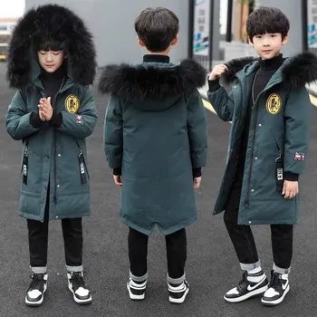 2022 Winter New Boys Jacket Solid Color Long Style Keep Warm Cold Protection Hooded Down Cotton Windbreaker Coats For 4-14 Years 1