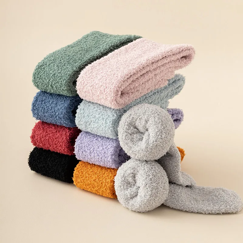 Long Winter Socks Women Solid Color Warm Coral Fleece Plush Sleep Floor Socking Thick Soft High Sock Hosiery Student Socken Girl