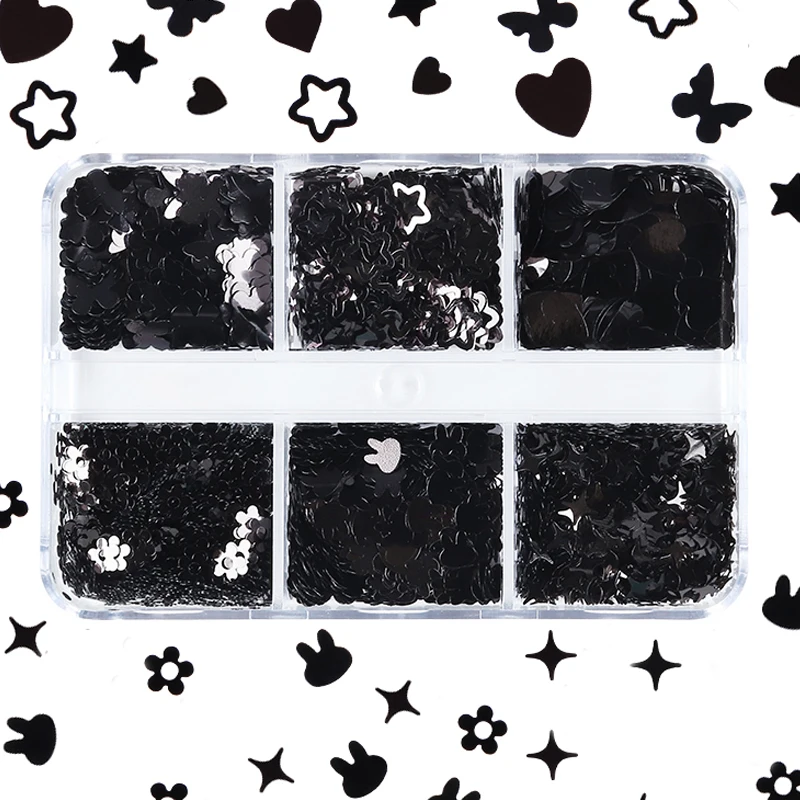 

Black Mix Shape Nail Art Sequins Set For Manicure Bunny Heart Star Flower Butterfly Glitter Flakes Dark Charms Nails Accessorie