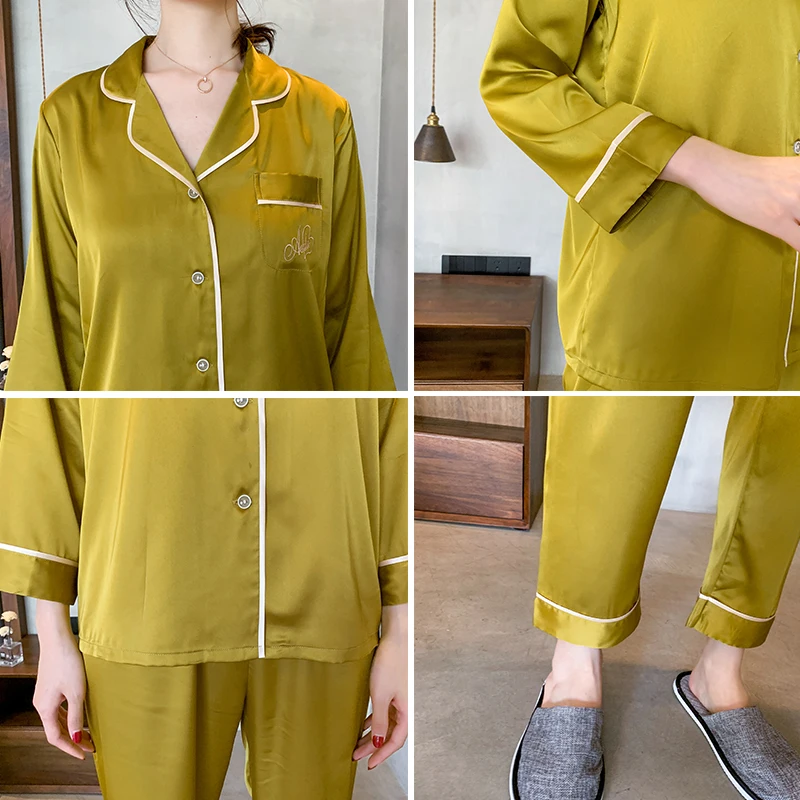 CAIYIER 2022 Luxury Silk Couple Pajamas Set Embroidery Cardigan Lover Nightwear Soft Sexy Family Men & Women Winter Homewear