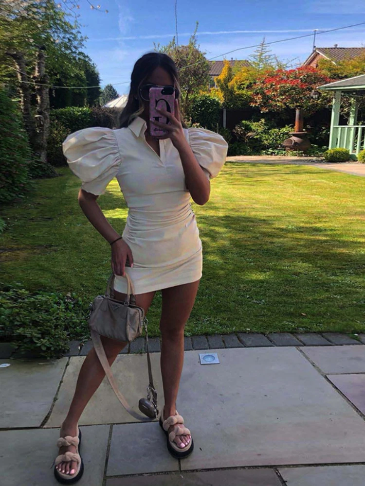 

Женское Короткое облегающее платье с рукавами-фонариками, винтажное белое платье с отложным воротником и драпировкой на пуговицах, повседн...